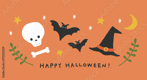 ハロウィンのガイコツとコウモリと魔女の帽子の手書きイラスト