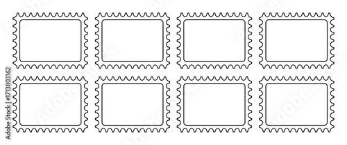 Eight Blank Postage Stamp Frames with Perforated Edges on White Background