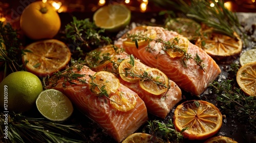 Festive Salmon Fillets with Citrus and Herbs, Warm Holiday Lighting, Culinary Still Life.