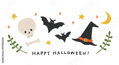 ハロウィンのガイコツとコウモリと魔女の帽子の手書きイラスト