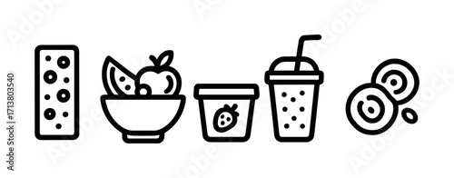 Line art of nutritious breakfast foods including cereal bar, fruit bowl, yogurt, smoothie, and pastries