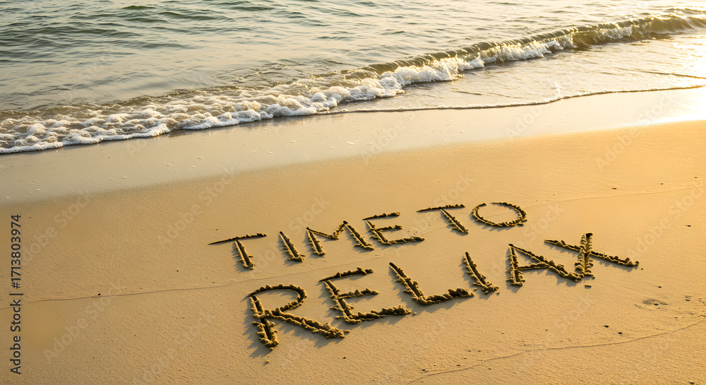 Fototapeta premium Time To Relax Written on Sandy Beach with Ocean Wave at Sunset