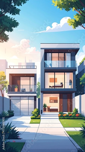 Modern suburban houses, sunny day