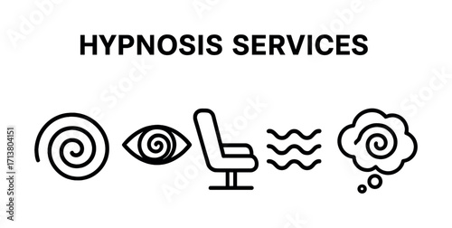 Hypnosis services concept with icons: spiral, eye, chair, waves, thought cloud
