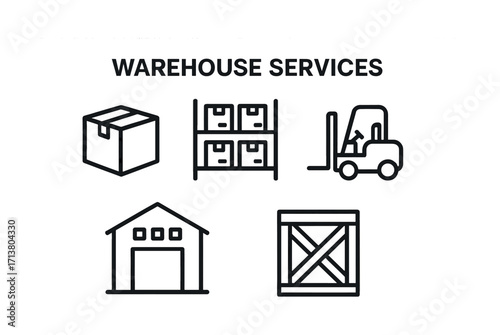 Warehouse services icons: storage, boxes, forklift, and logistics symbols