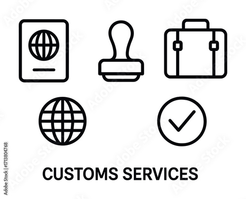 Customs services icon set: passport, stamp, luggage, globe, checkmark illustrations