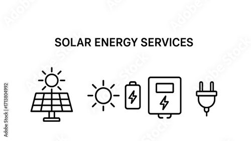 Renewable solutions: solar panel, battery, inverter, plug icons for solar energy services