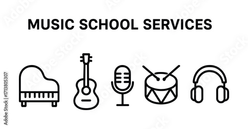 Music school services: piano, guitar, microphone, drum, headphone icons