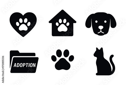 Pet adoption icons: heart, house, dog and cat silhouettes, paw prints