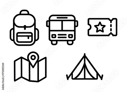 Travel icons: backpack, bus, ticket, map, tent