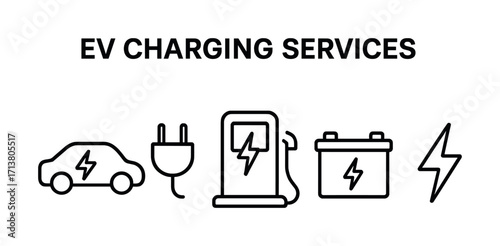 Ev charging services icons: car, plug, charging station, battery, bolt symbols