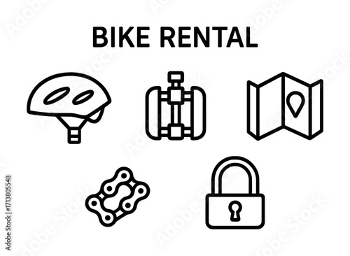 Bike rental icons: helmet, gear, map, lock, and chain symbols