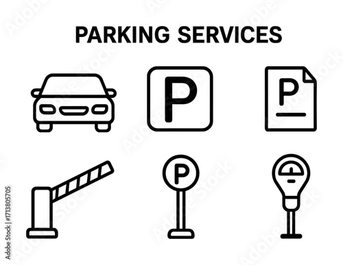 Parking services icon set: car, parking sign, meter, permit, barrier