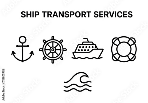 Ship transport services: nautical symbols featuring anchor, wheel, ship, lifebuoy, waves