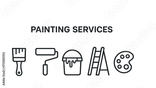 Painting services icons: brush, roller, paint bucket, ladder, palette