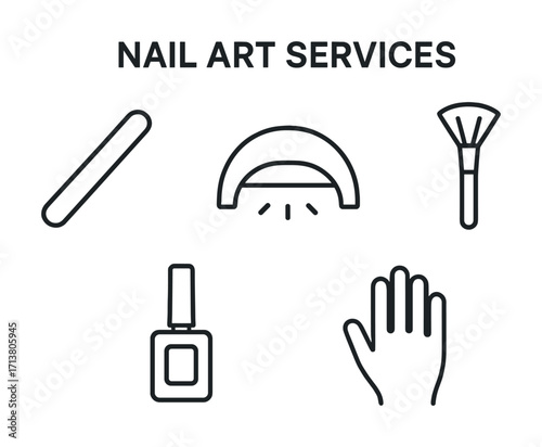 Nail art services icons: manicure tools and equipment illustration