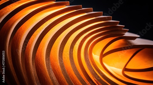 Abstract Wooden Sculpture Illuminated with Warm Light, Curved Lines, Dark Background.