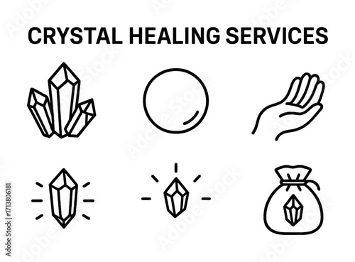 Crystal healing services with icons of crystals, energy, hands, and bag