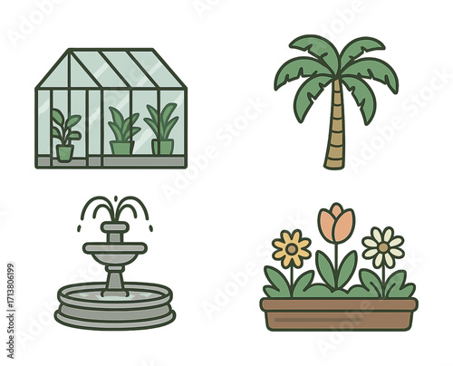 Garden elements: greenhouse, palm tree, fountain, flower bed illustration