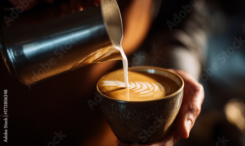 A Close-Up of a Barista Pouring Fresh Milk to Create Beautiful Latte Art on a Creamy Coffee Surface in a Cozy Café Setting. generative ai