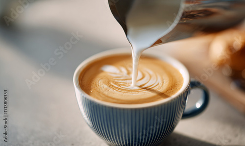 A Close-Up of Fresh Milk Being Poured to Create Beautiful Latte Art on a Creamy Coffee Surface in a Cozy Natural Light Setting. generative ai