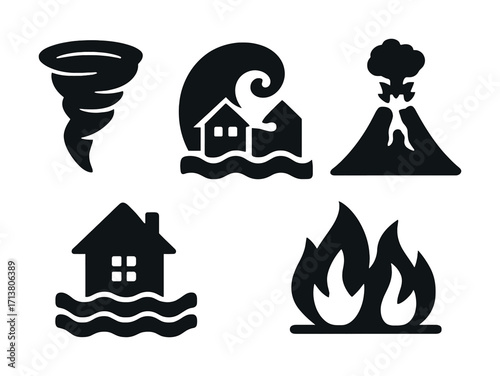 Natural disaster icons: tornado, tsunami, volcano, flood, fire