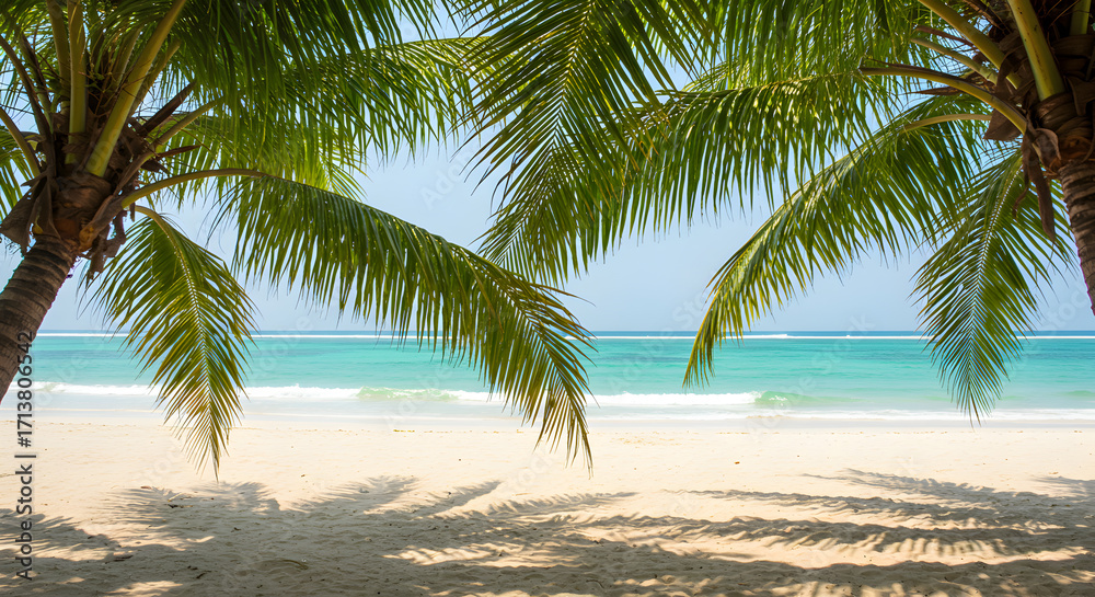 Fototapeta premium Tropical Beach Scene with White Sand and Turquoise Ocean Framed by Palm Trees Under Blue Sky