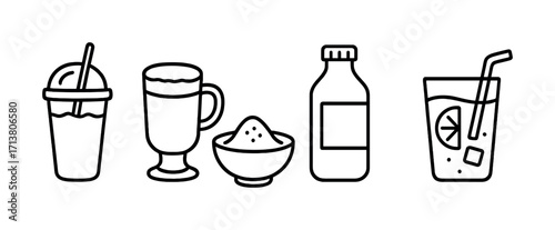 Outline icons of cold drinks and snacks with beverage glasses and containers