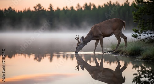 Fototapeta Naklejka Na Ścianę i Meble -  Majestic deer drinking from a tranquil lake at dawn, surrounded by misty forest scenery