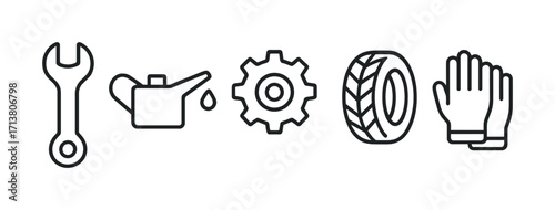 Automotive maintenance icons: wrench, oil, gear, tire, gloves in black and white
