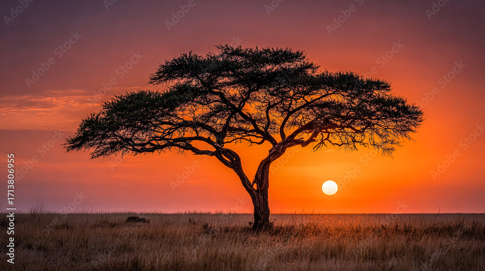 Obraz premium Savannah Sunset: Tree silhouette at dusk. Captures African landscape at twilight. Use for travel, nature, editorial, or web design. Warm colors evoke peace and solitude.