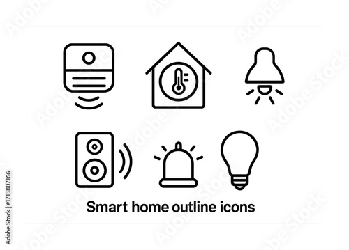 Smart home outline icons featuring thermostat, light bulb, speaker, and alarm symbols