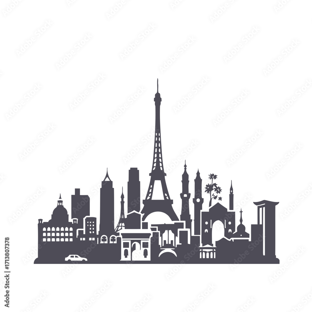 Fototapeta premium The famous Parisian skyline features the Eiffel Tower's iconic silhouette, a symbol of French architecture and a European travel landmark