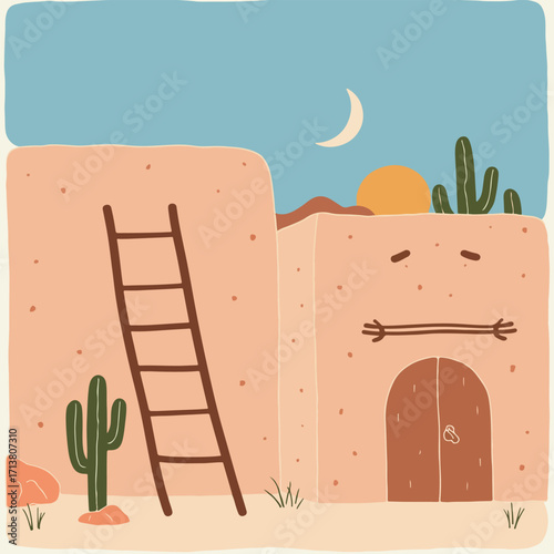 Desert Adobe House Illustration