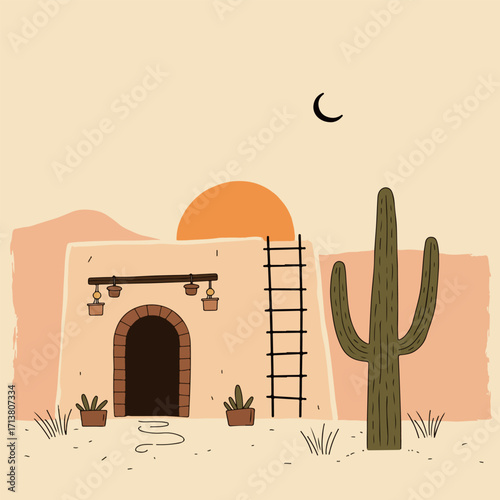 Desert Adobe House Illustration