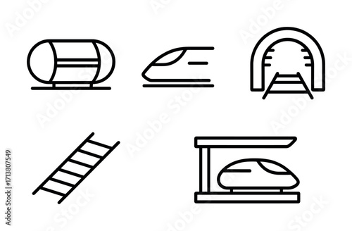 Outline icons of train tunnel, speed train, ladder, transportation infrastructure