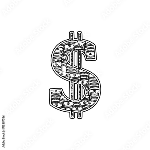 Doodle dollar currency symbol filled with stacked coin icons