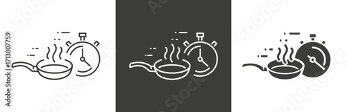 flat and linear set icons, time to cook eat icon, kitchen utensil, fast cooking food, simple symbols on white and black background - editable stroke vector illustration