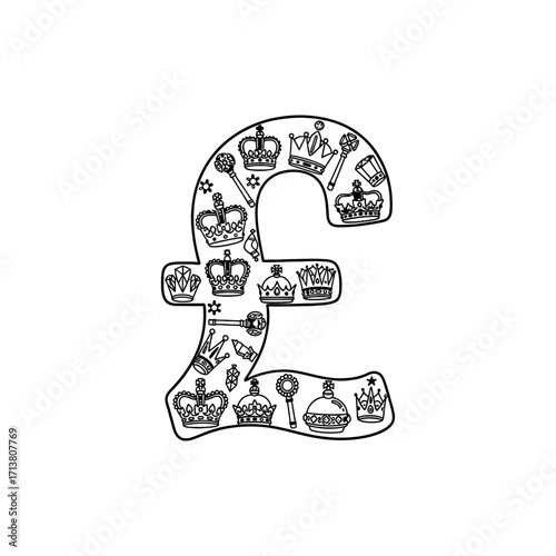 Doodle pound currency symbol filled with crown jewel icons
