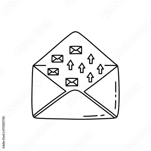 Doodle email inbox envelope with flap filled with arrow icons