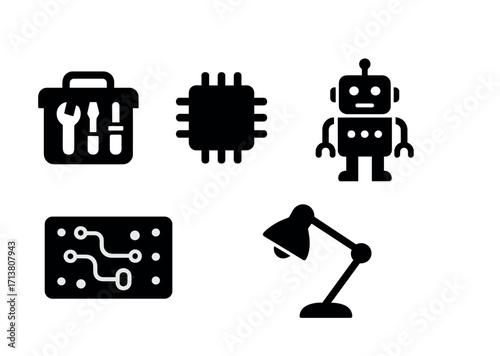 Toolkit and technology symbols: robotics, circuit, lamp, chip