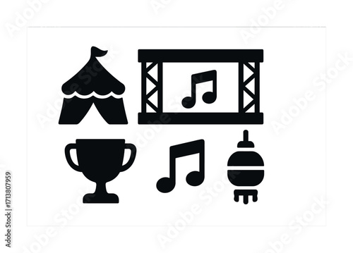 Music festival icons featuring stage, tent, trophy, music notes, and punching bag silhouettes