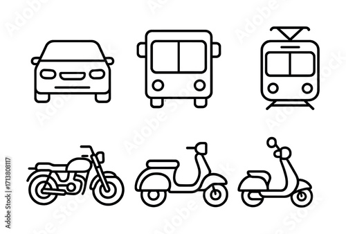 Line art icons of car, bus, tram, motorcycle, scooter, moped
