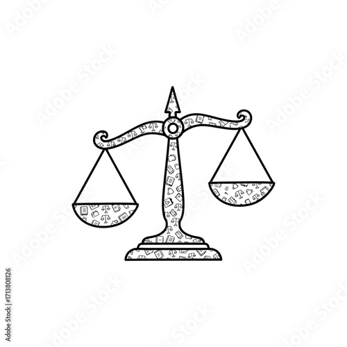 Doodle legal scale with law book icons