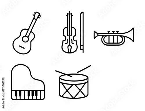 Musical instrument icons: guitar, violin, trumpet, piano, drum set