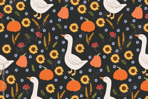 Geese seamless pattern with pumpkins, sunflowers and berries. Vector illustration for kids textile, tablecloth, wrapping, banners, wallpapers print design