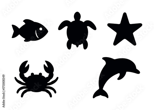 Silhouettes of marine life: fish, turtle, starfish, crab, dolphin