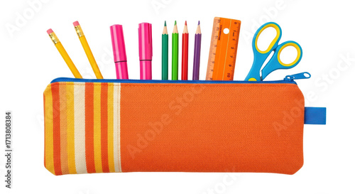 Cuadro en lienzo Isolated orange pencil case full of pencils, pens, ruler and blue handled scisso
