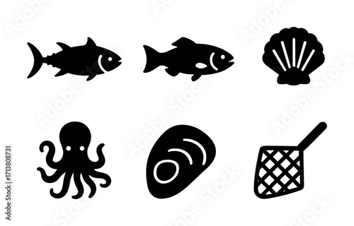 Marine silhouettes: fish, shell, octopus, net icons for sea-themed design