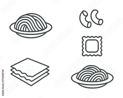 Various italian pasta shapes illustrations including spaghetti, macaroni, ravioli, and lasagna